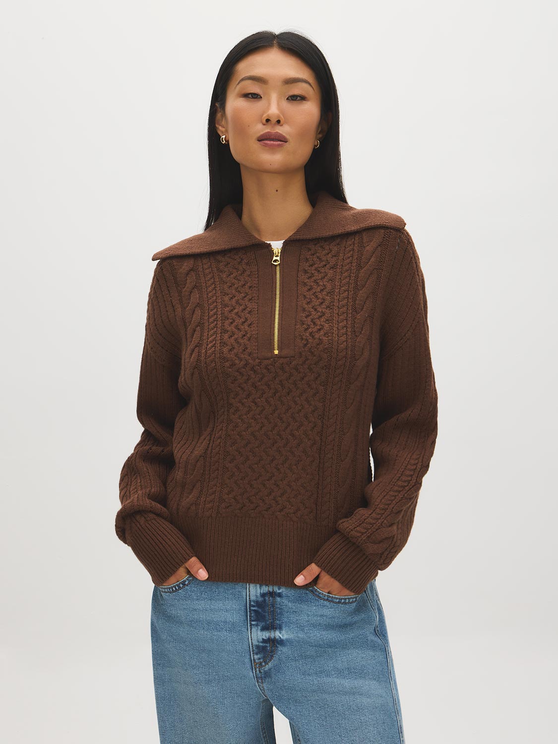 Orzo Brown Quarter-Zip Cable Knit Sweater - Woman Wearing Cozy Knit Sweater - Suzy Shier