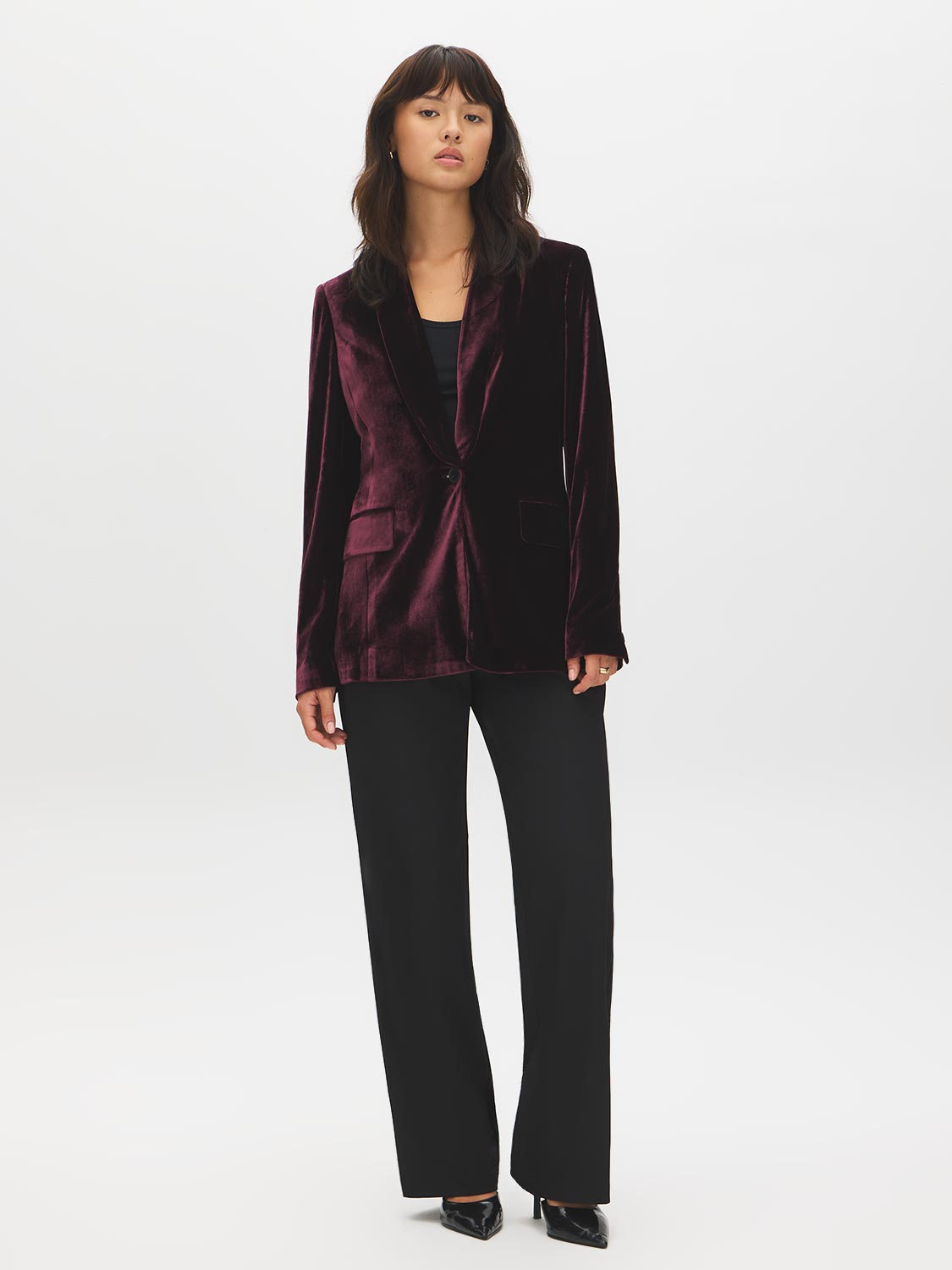 Midnight Plum Velour Blazer with Shawl Collar - Front View - Suzy Shier