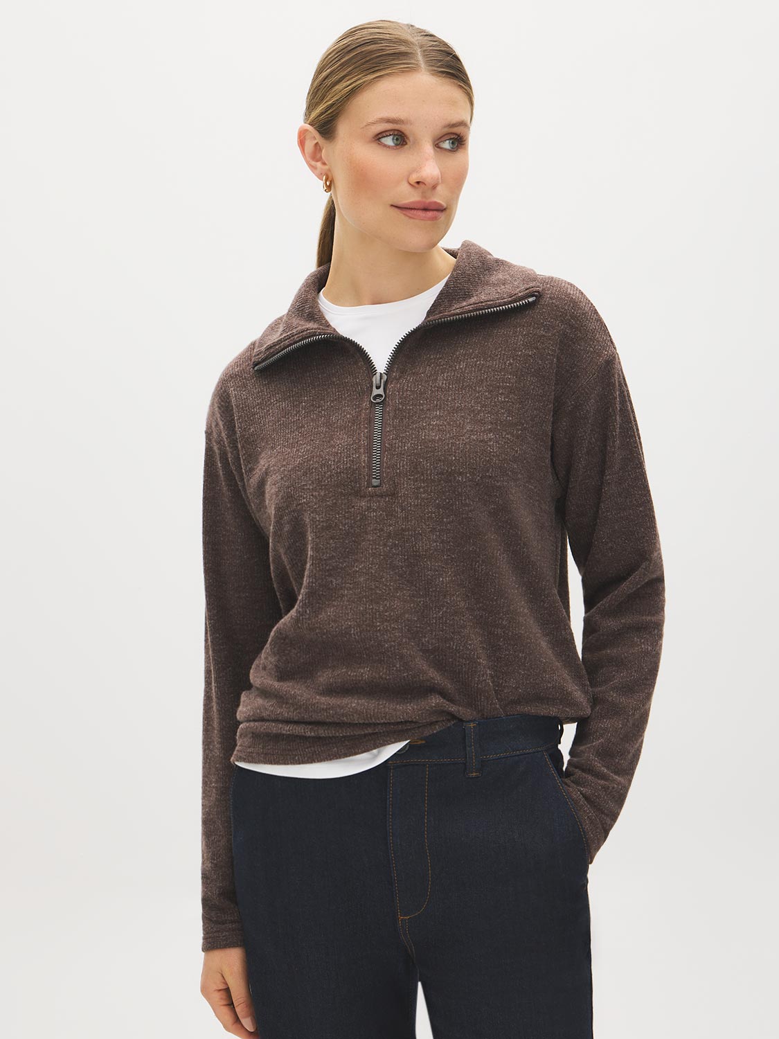 Coffee Bean Fluffy Rib Knit Top with Half Zip - Side Profile View - Suzy Shier