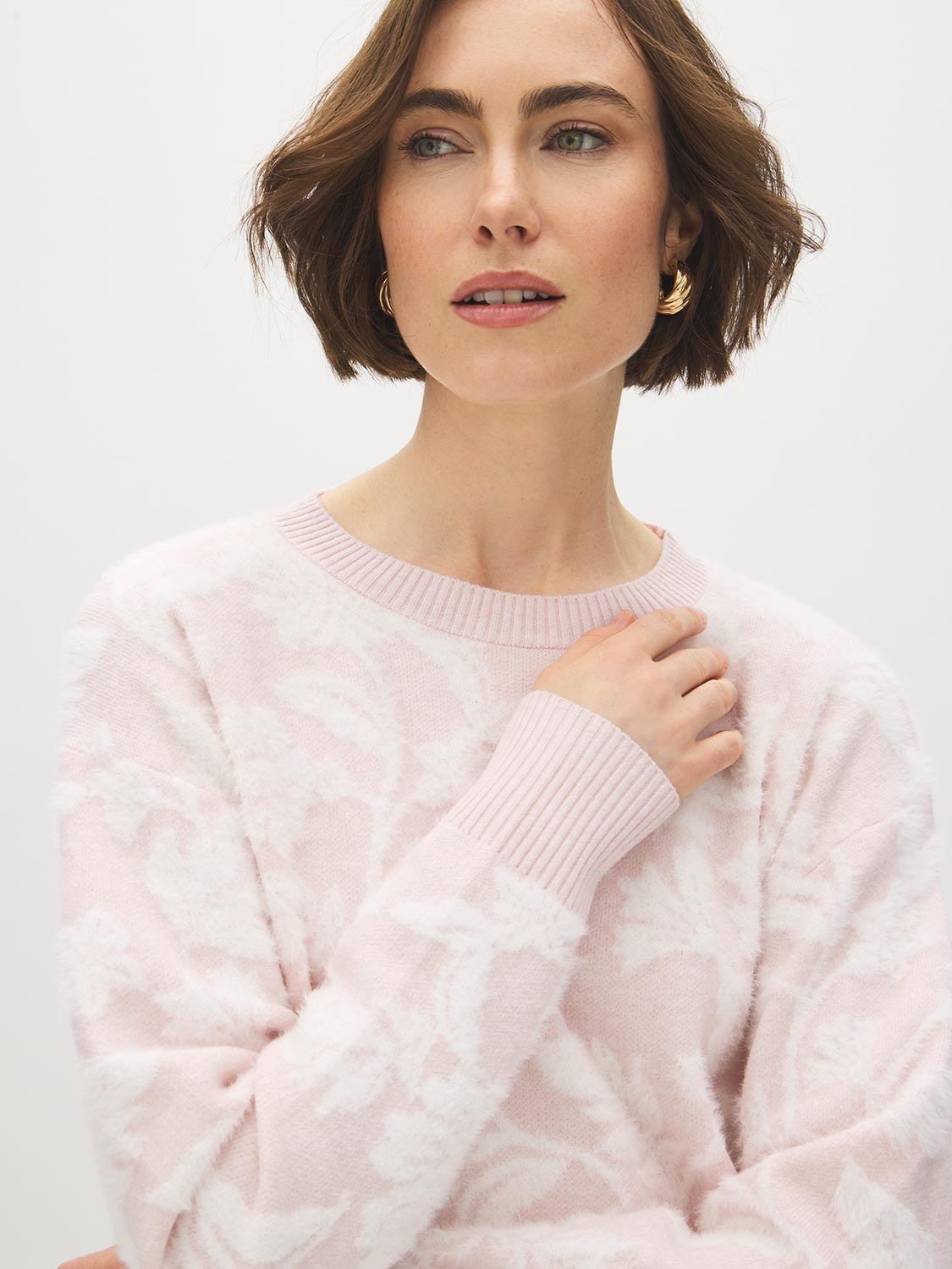 Blush Combo Two-Tone Jacquard Fuzzy Sweater - Close-up Fabric Detail - Suzy Shier