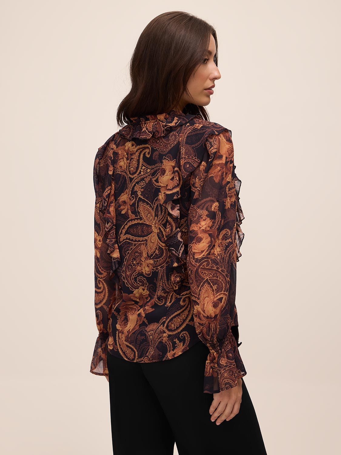 Black/Toffee Paisley Ruffle Blouse - Back View - Le Chateau