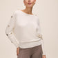 Off White Dolman Sleeve Sweater with Gold Buttons - Woman Wearing Knit Top with Button Detail - Le Chateau