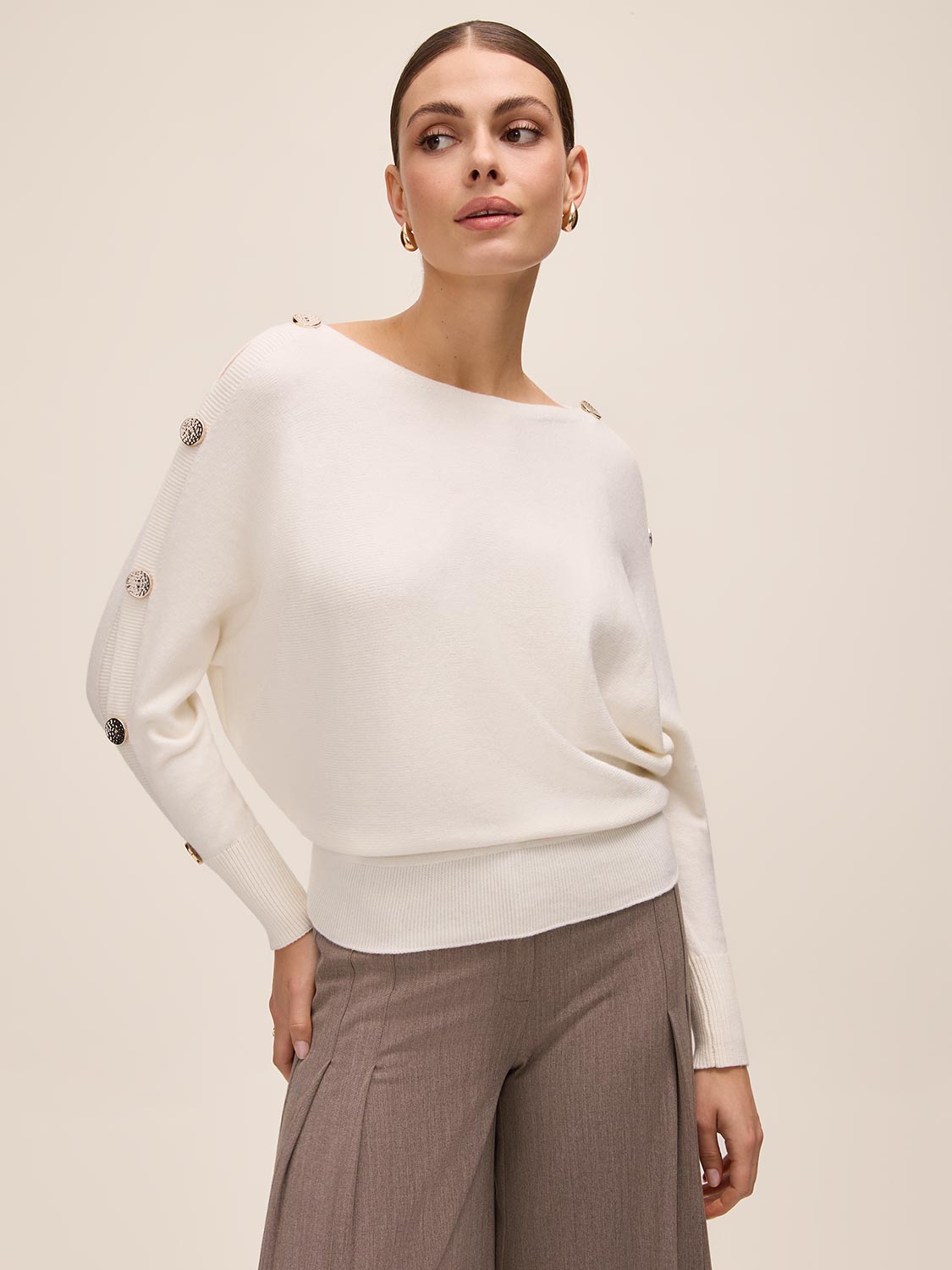 Off White Dolman Sleeve Sweater with Gold Buttons - Woman Wearing Knit Top with Button Detail - Le Chateau