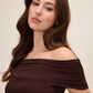 Coco Powder Off-Shoulder Mesh Gown with Shirred Waist - Woman Wearing Elegant Evening Dress - Le Chateau
