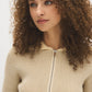 Tan/Taupe Two-Tone Ribbed Knit Sweater - Close-up Collar Detail - Suzy Shier