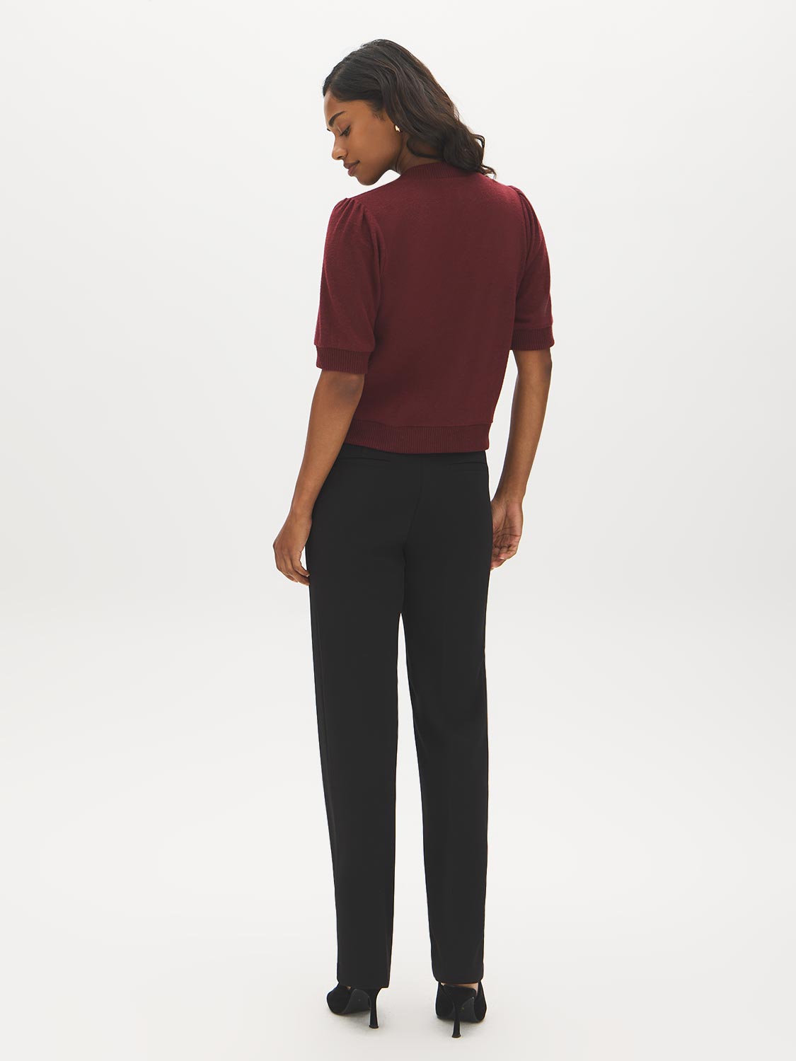 Zinfandel Melange Cropped Hacci Top with Puff Sleeves - Back View - Suzy Shier