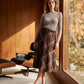 Brown Plaid Hacci Knit Pull-On Skirt - Woman Wearing Plaid Semi-Circular Skirt - Suzy Shier