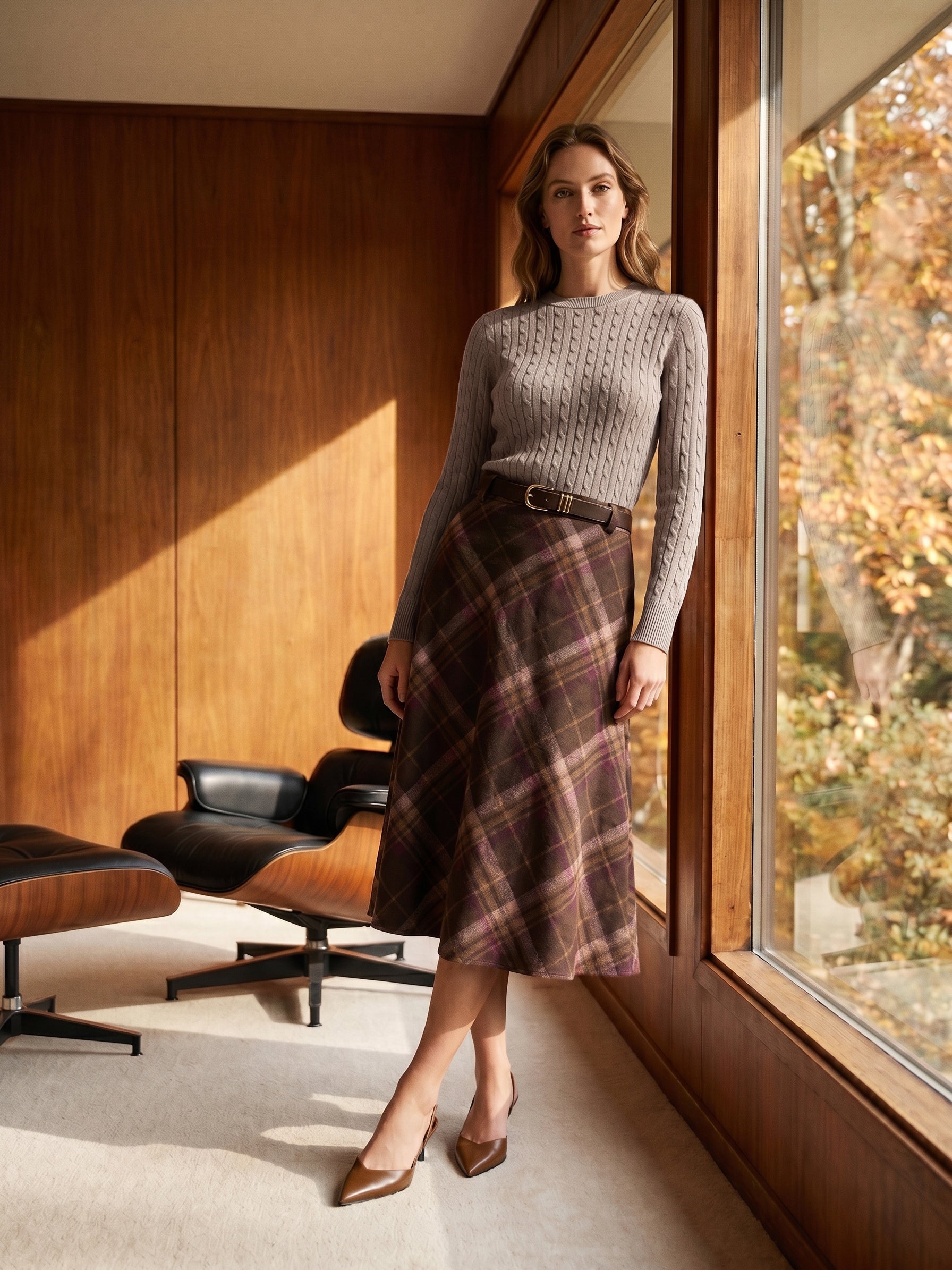 Brown Plaid Hacci Knit Pull-On Skirt - Woman Wearing Plaid Semi-Circular Skirt - Suzy Shier