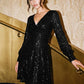 Black Sequin V-Neck Fit and Flare Mini Dress - Woman Wearing Sparkling Evening Dress with Long Cuffed Sleeves - Le Chateau