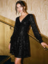 Black Sequin V-Neck Fit and Flare Mini Dress - Woman Wearing Sparkling Evening Dress with Long Cuffed Sleeves - Le Chateau