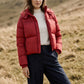 Lipstick Short Puffer Jacket with Hood - Woman Wearing Ribbed Cuff Outerwear - Suzy Shier
