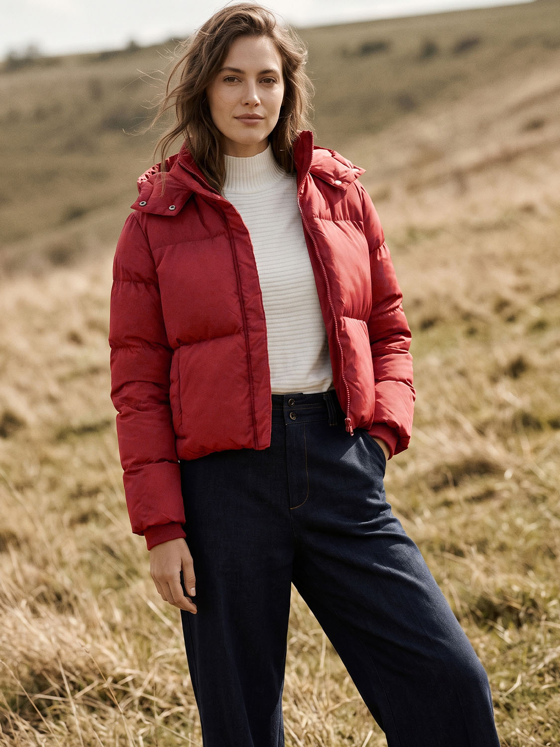 Lipstick Short Puffer Jacket with Hood - Woman Wearing Ribbed Cuff Outerwear - Suzy Shier