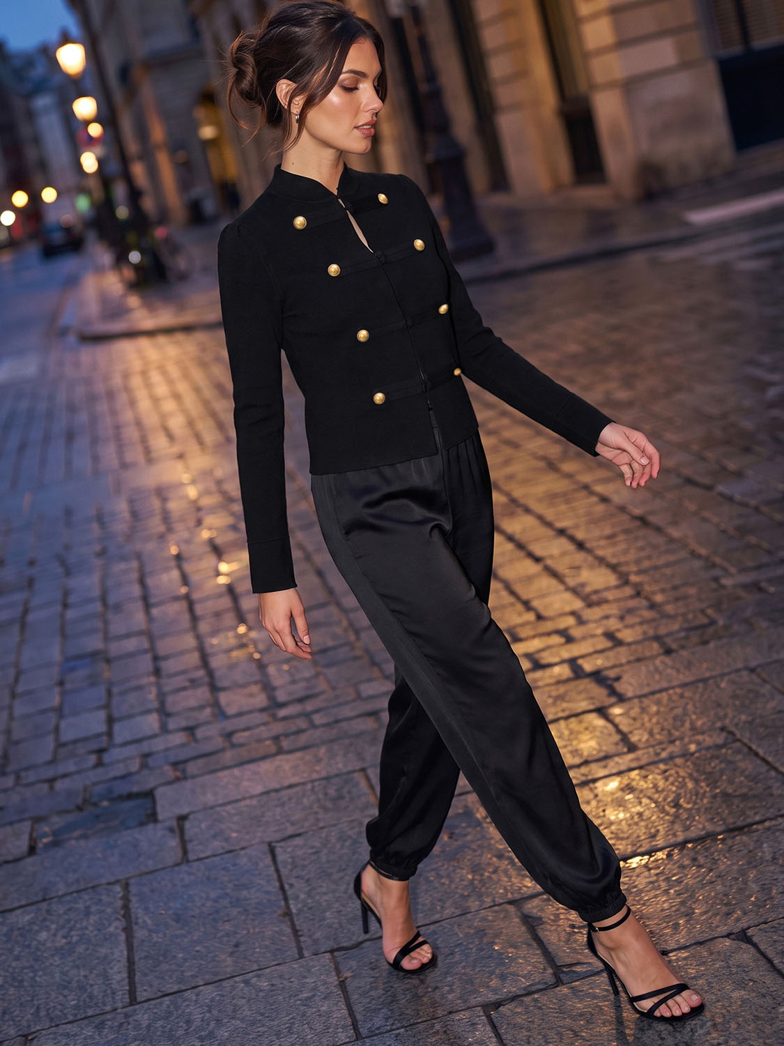 Black Military Style Knit Cardigan - Woman Wearing Structured Knit Cardigan - Le Chateau