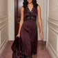 Dark Raisin Satin Lace-Trim Midi Dress - Woman Wearing V-Neck Sleeveless Dress - Suzy Shier