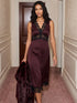 Dark Raisin Satin Lace-Trim Midi Dress - Woman Wearing V-Neck Sleeveless Dress - Suzy Shier