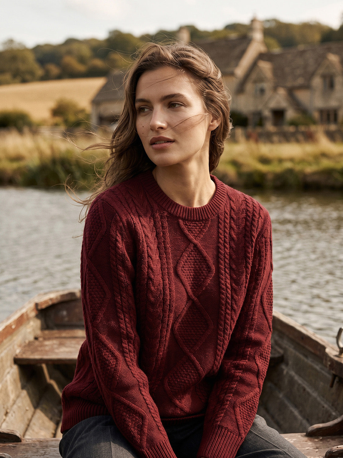Red Melange Cable Knit Crew Neck Sweater - Front View - Suzy Shier