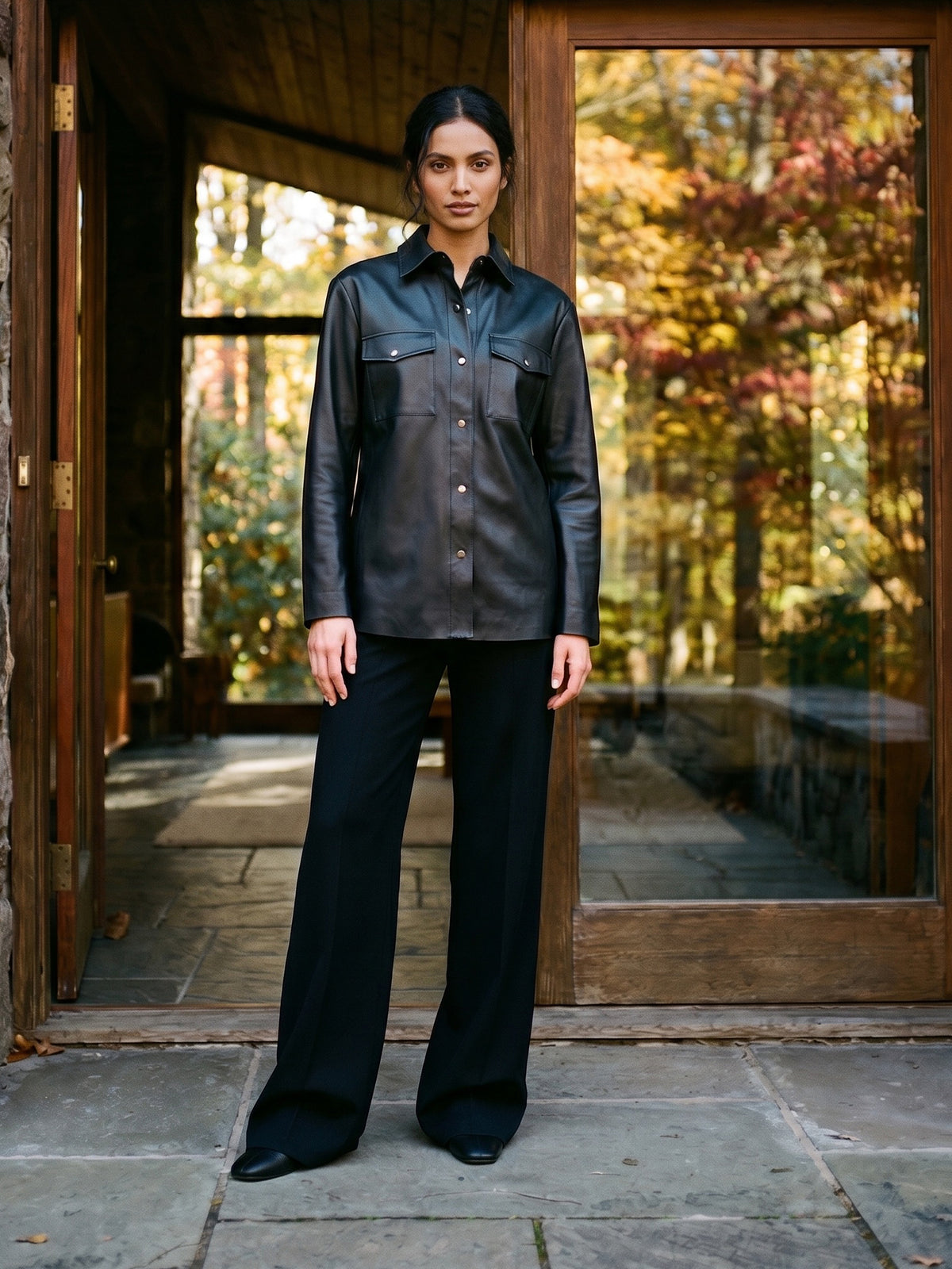 Black Textured Faux Leather Jacket with Patch Pockets - Woman Wearing Casual Outerwear - Suzy Shier