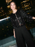 Black Sequin Fringe Bolero Cover Up - Woman Wearing Long Sleeve Mesh Top - Le Chateau