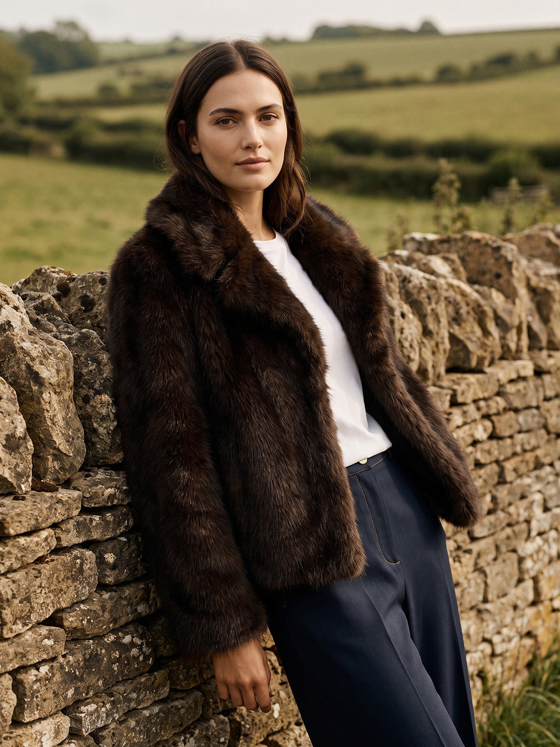Brown Faux Fur Coat with Leather Detail - Woman Wearing Warm Winter Outerwear - Suzy Shier
