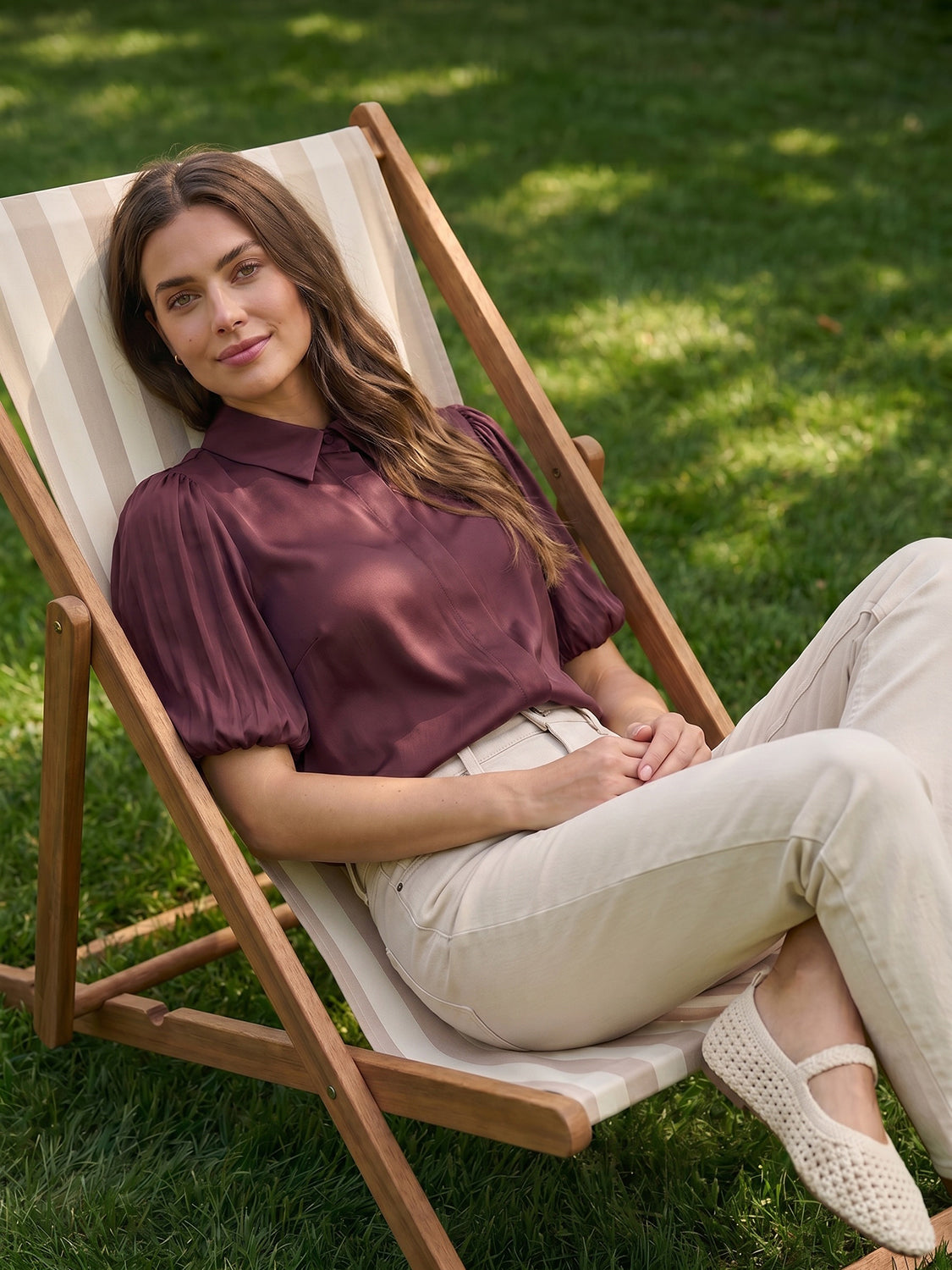 Winetasting Matte Satin Blouse with Bubble Sleeves - Front Close-up View - Suzy Shier