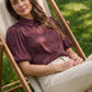 Winetasting Matte Satin Blouse with Bubble Sleeves - Close-up Collar Detail - Suzy Shier