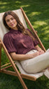 Winetasting Matte Satin Blouse with Bubble Sleeves - Close-up Collar Detail - Suzy Shier