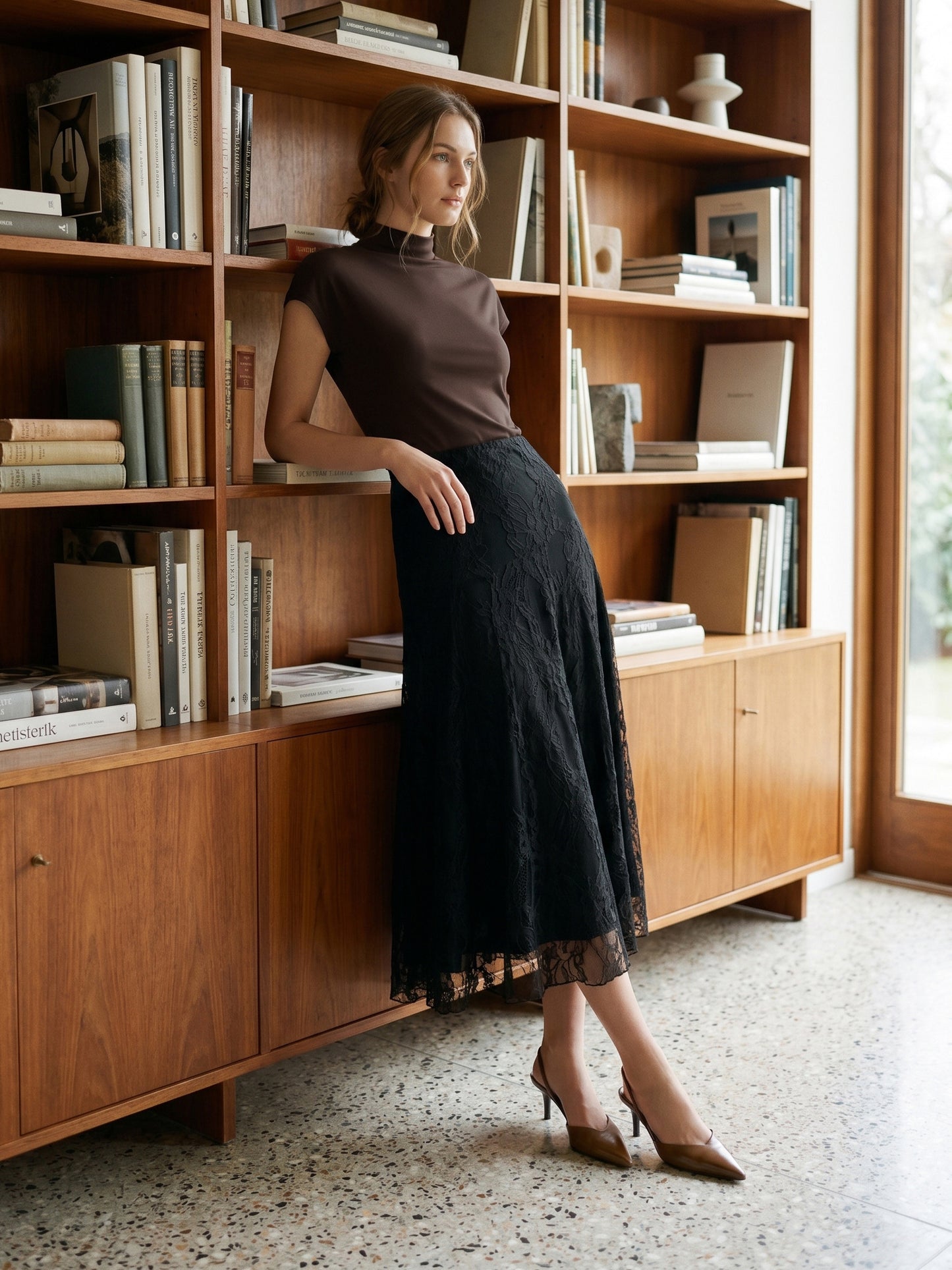 Black Lace Skirt with Diagonal Drop Waist - Woman Wearing Lace Midi Skirt - Suzy Shier