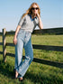 Grey Melange Puff Sleeve Jacquard Sweater - Woman Wearing Knit Top with Denim Collar - Suzy Shier