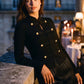 Black Military Style Knit Cardigan - Woman Wearing Structured Knit Cardigan - Le Chateau