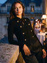 Black Military Style Knit Cardigan - Woman Wearing Structured Knit Cardigan - Le Chateau