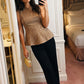 Gold Sleeveless Glitter Knit Top - Woman Wearing Sparkly Fit-and-Flare Top - Suzy Shier