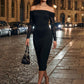 Black Off-Shoulder Sheath Dress with Mesh Ruched Sleeves - Woman Wearing Elegant Evening Dress - Le Chateau