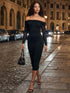Black Off-Shoulder Sheath Dress with Mesh Ruched Sleeves - Woman Wearing Elegant Evening Dress - Le Chateau
