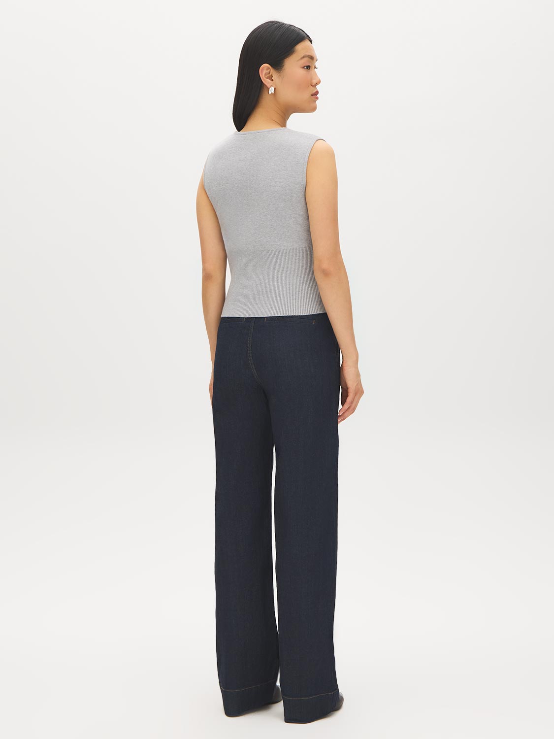Lunar Melange Sleeveless Knit Sweater with Faux Button Placket - Back View - Suzy Shier