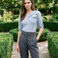 Steel Blue Double Bow Puff Sleeve Sweater - Woman Wearing Knit Top with Bow Detail - Le Chateau