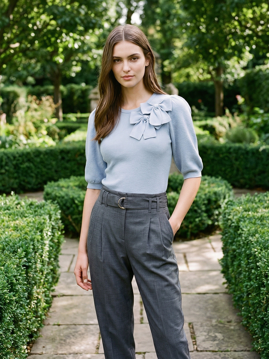 Steel Blue Double Bow Puff Sleeve Sweater - Woman Wearing Knit Top with Bow Detail - Le Chateau