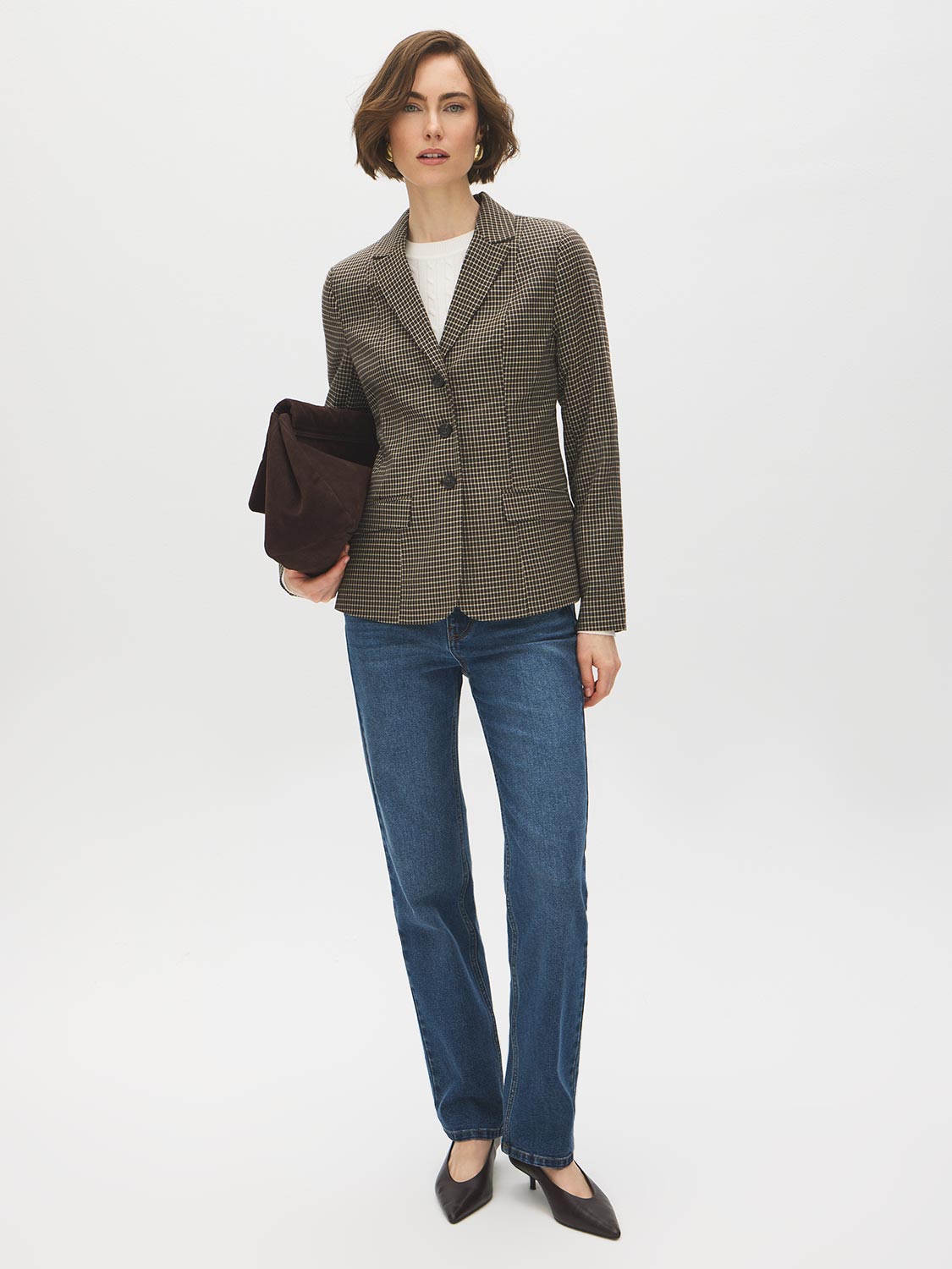 Brown/Beige Yarn-Dye Blazer with Contrast Collar - Front View - Suzy Shier