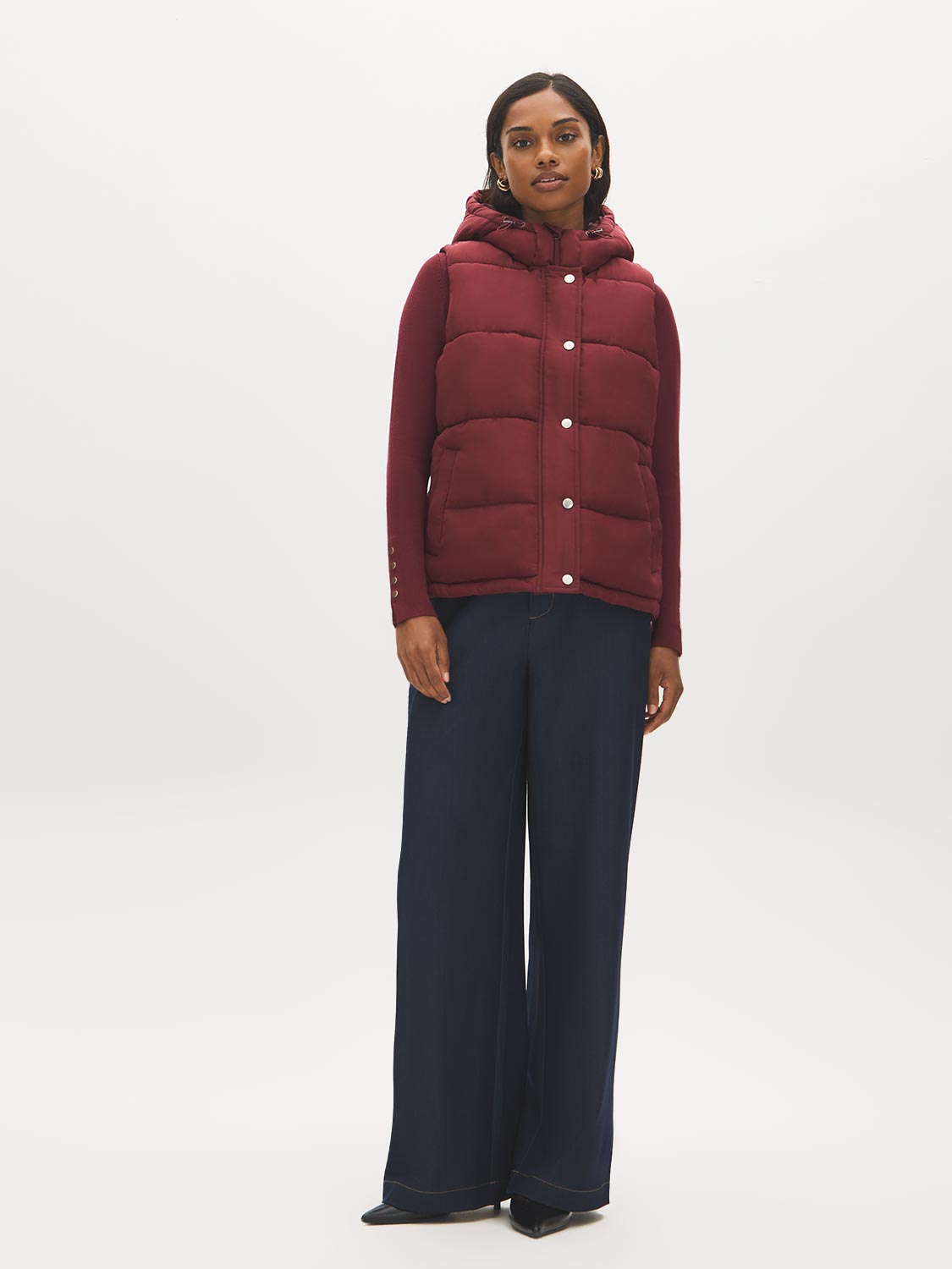 Red Quilted Puffer Vest with Hood - Hood Detail - Suzy Shier