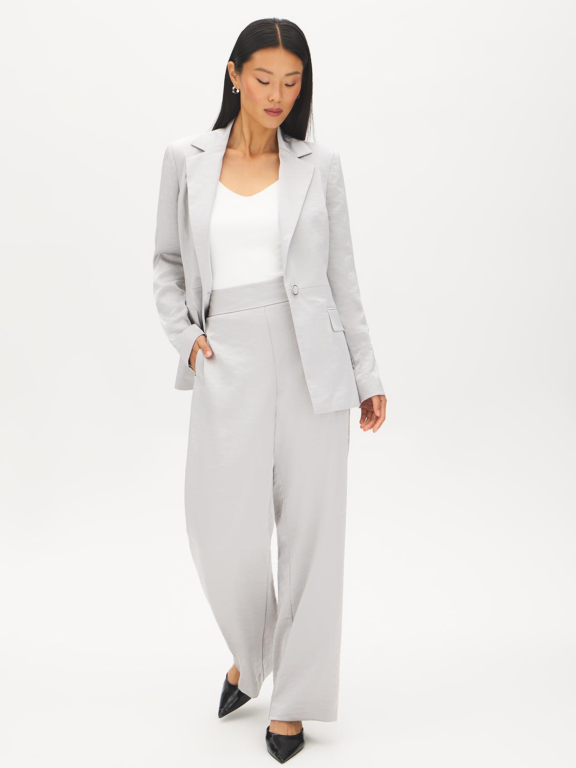 Silver High-Rise Wide-Leg Pull-On Pants - Full Outfit View - Suzy Shier