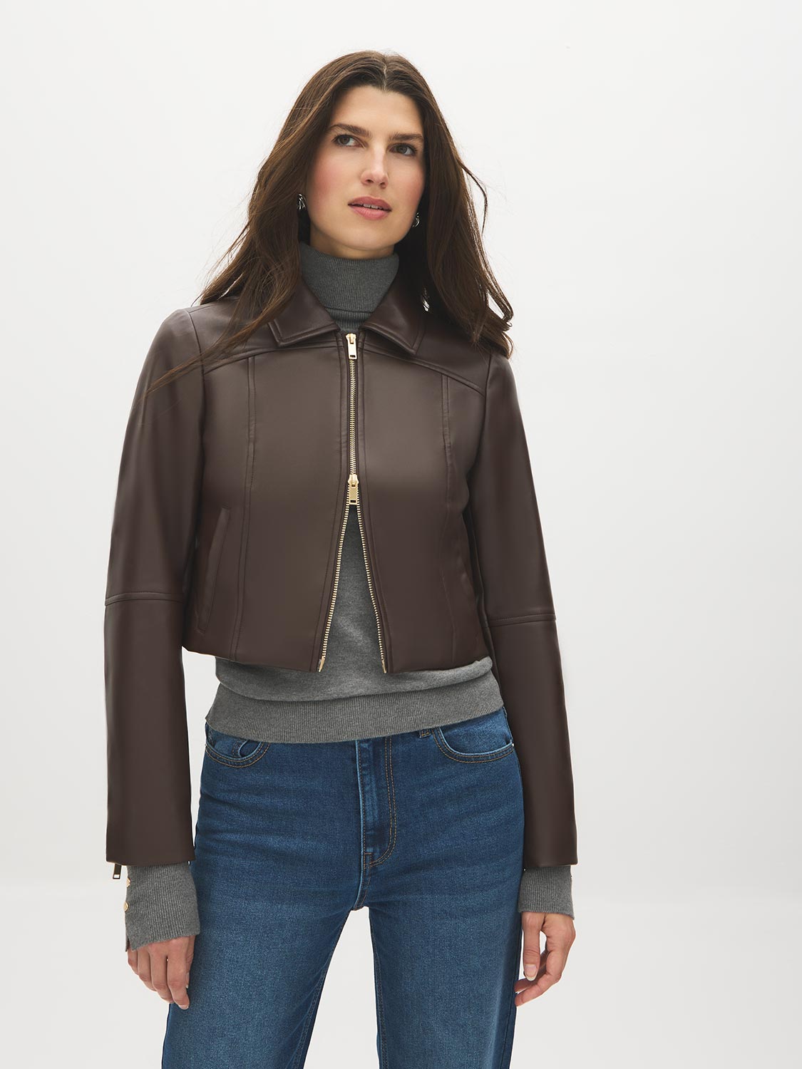 Brown Vegan Leather Shorts with Front Zipper - Front View - Suzy Shier