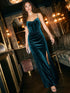 Teal Velour V-Neck Gown with Boning Detail - Woman Wearing Elegant Evening Dress - Le Chateau