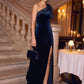 Midnight Blue One Shoulder Velour Gown with Satin Bow - Woman Wearing Elegant Evening Dress - Le Chateau