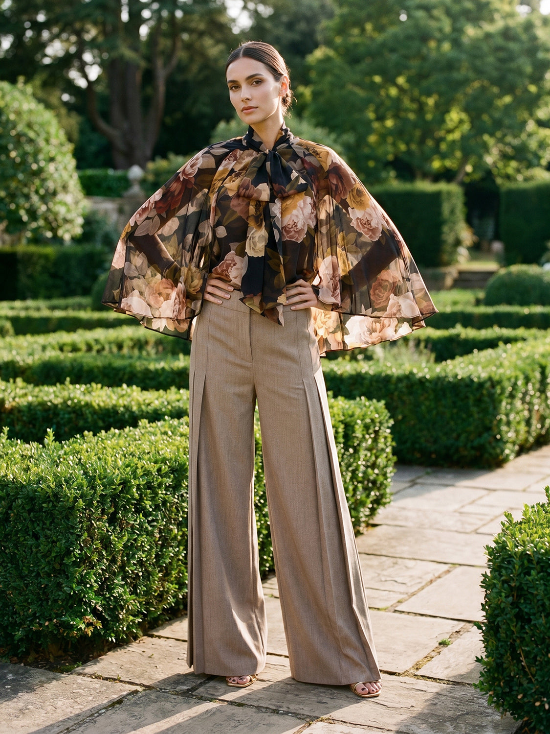 Dijon Print Floral Tie Neck Cape Top - Flowing Silhouette with Elegant Detail - Le Chateau