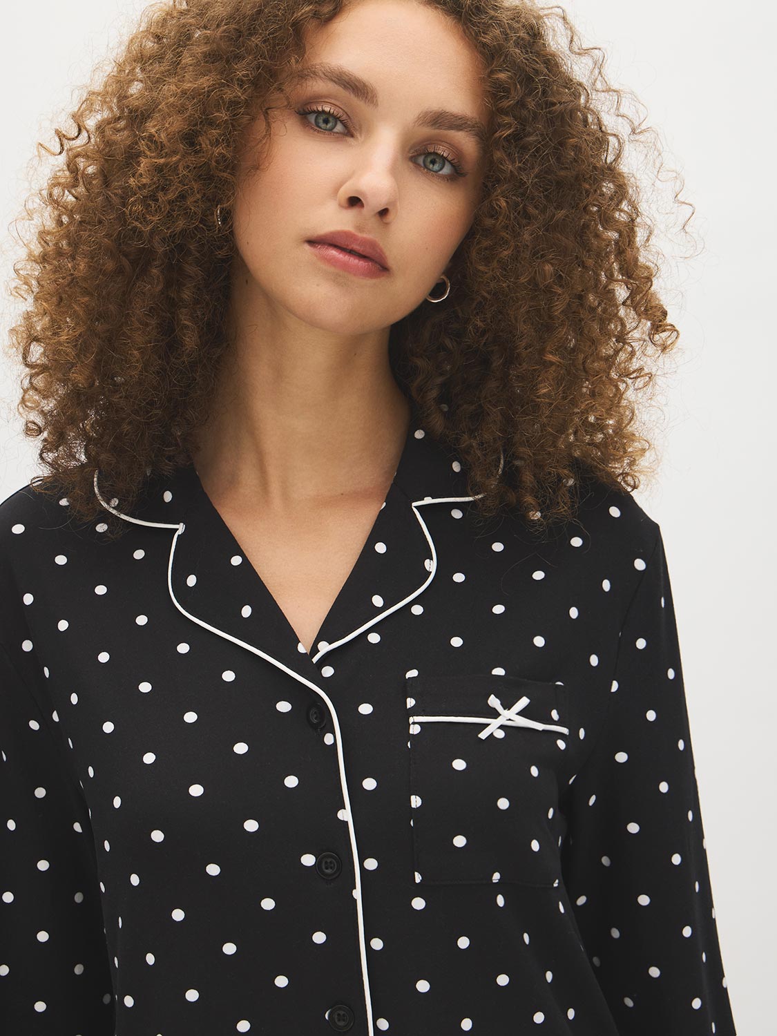 Jet Black/Snow White Polka Dot Two-Piece PJ Set - Collar Detail - Suzy Shier