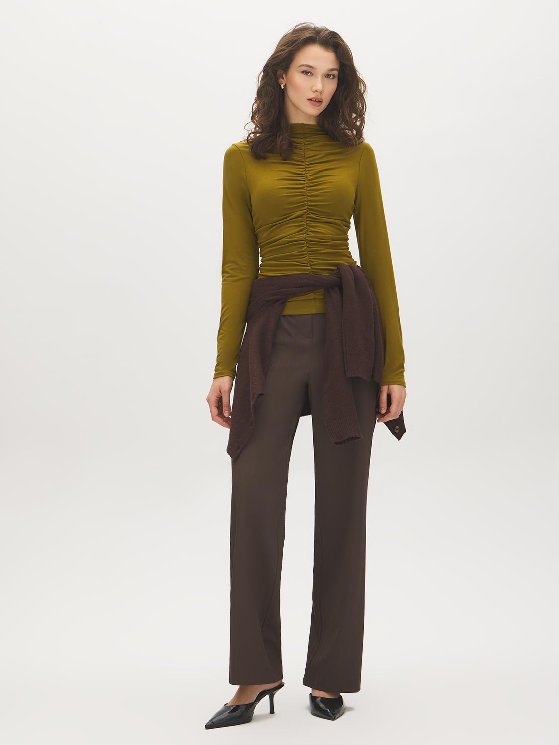 Guacamole Mock Neck Jersey Top with Ruched Detail - Front View - Suzy Shier