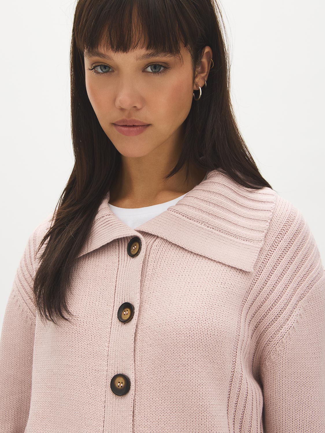 Burnish Lilac Wide Collar Button-Front Cardigan - Close-up Collar Detail - Suzy Shier