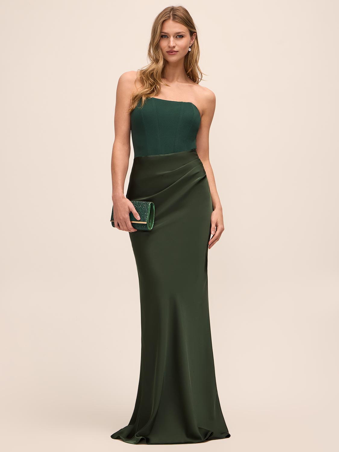 Dark Green Bustier Gown with Satin Pleated Skirt - Woman Wearing Elegant Evening Dress - Le Chateau