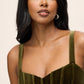 Olive Velvet Bustier Midi Dress - Close-up Neckline Detail - Le Chateau