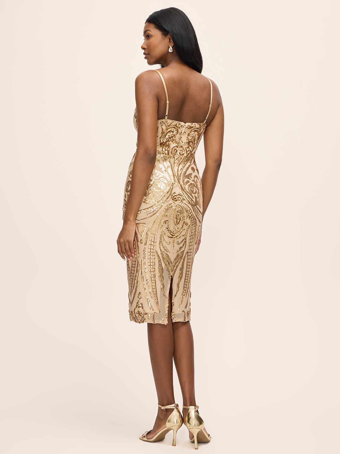 Gold Sequin Mesh Sleeveless Midi Dress - Back View - Le Chateau