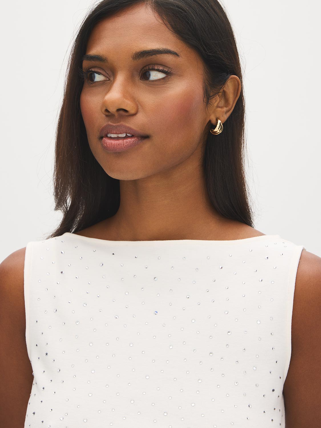 Winter White Rhinestone-Embellished Boat Neck Tank - Close-up Fabric Detail - Suzy Shier